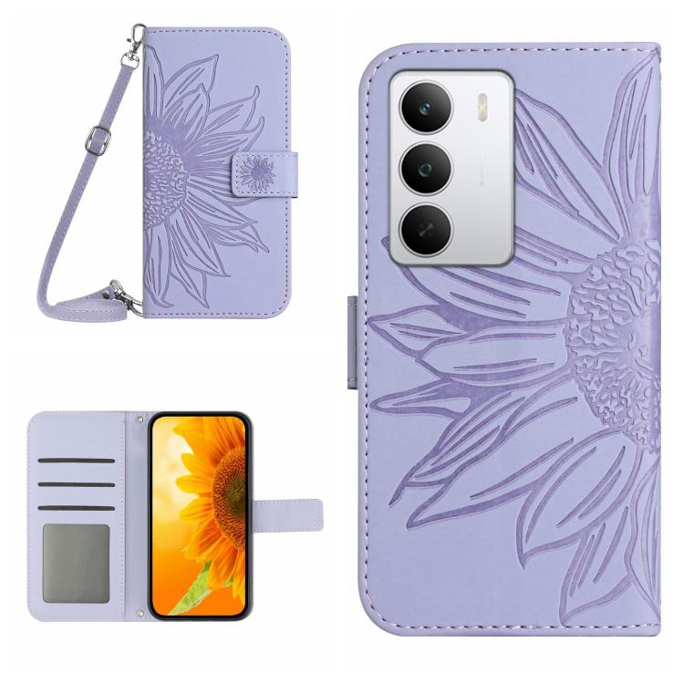 Skin Feel Custodia per telefono in pelle con flip in rilievo Sun Flower con cordino, For Realme C75 5G, For Realme 14 5G Global / P3 5G Global