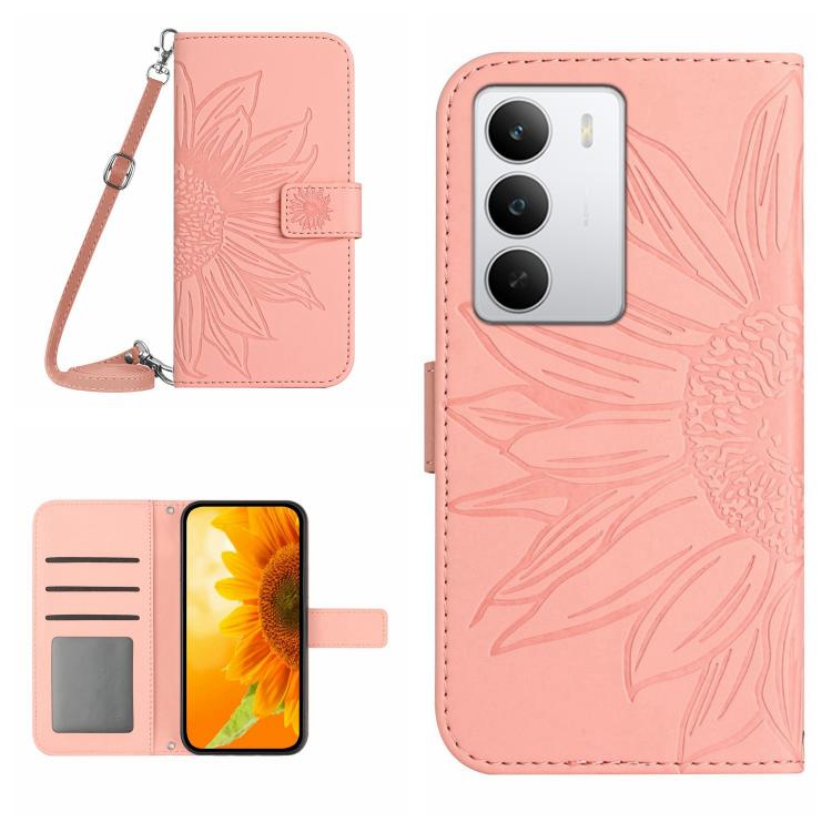 Skin Feel Custodia per telefono in pelle con flip in rilievo Sun Flower con cordino, For Realme C75 5G, For Realme 14 5G Global / P3 5G Global