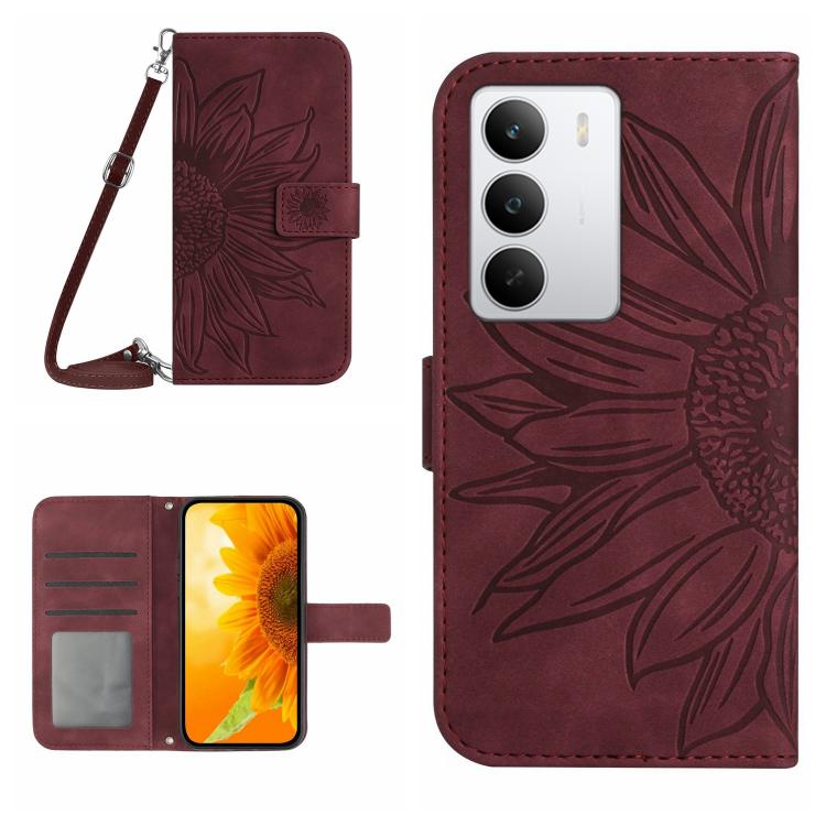 Skin Feel Custodia per telefono in pelle con flip in rilievo Sun Flower con cordino, For Realme C75 5G, For Realme 14 5G Global / P3 5G Global