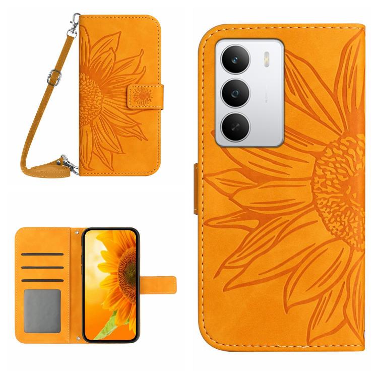 Skin Feel Custodia per telefono in pelle con flip in rilievo Sun Flower con cordino, For Realme C75 5G, For Realme 14 5G Global / P3 5G Global