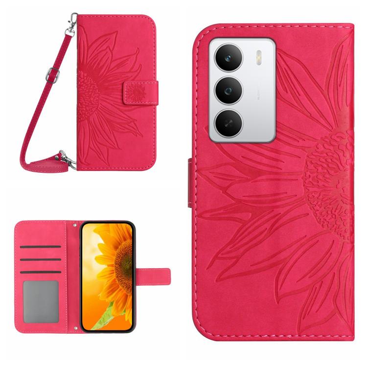 Skin Feel Custodia per telefono in pelle con flip in rilievo Sun Flower con cordino, For Realme C75 5G, For Realme 14 5G Global / P3 5G Global