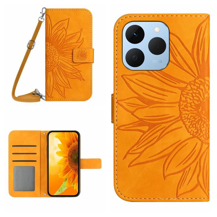 Skin Feel Custodia per telefono in pelle con flip in rilievo Sun Flower con cordino, For Realme C85 Pro 4G, For Realme 15T 5G