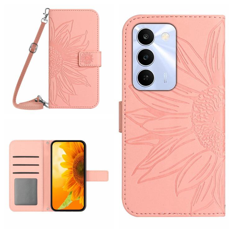 Skin Feel Custodia per telefono in pelle con flip in rilievo Sun Flower con cordino, For Realme C100 4G, For Realme C83 5G