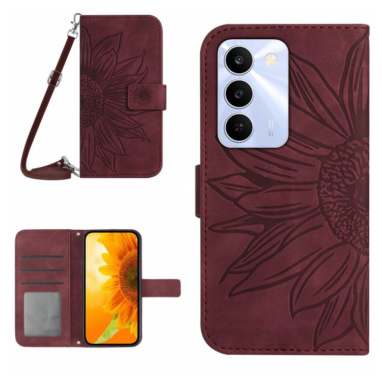 Skin Feel Custodia per telefono in pelle con flip in rilievo Sun Flower con cordino, For Realme C100 4G, For Realme C83 5G
