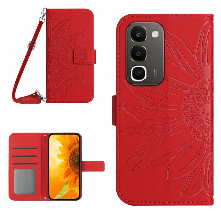 Skin Feel Custodia per telefono in pelle con flip in rilievo Sun Flower con cordino, For Realme C100 4G, For Realme C83 5G