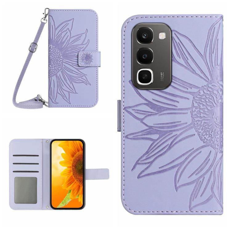 Skin Feel Custodia per telefono in pelle con flip in rilievo Sun Flower con cordino, For Realme C100 4G, For Realme C83 5G