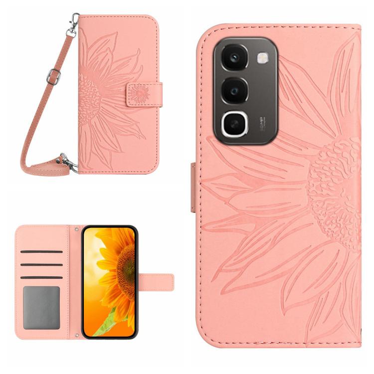 Skin Feel Custodia per telefono in pelle con flip in rilievo Sun Flower con cordino, For Realme C100 4G, For Realme C83 5G