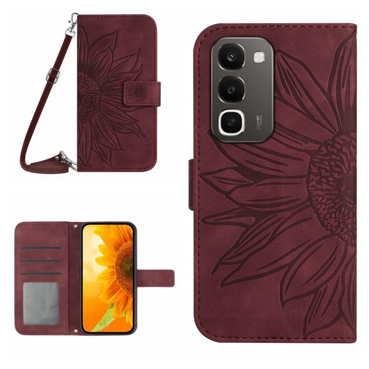 Skin Feel Custodia per telefono in pelle con flip in rilievo Sun Flower con cordino, For Realme C100 4G, For Realme C83 5G