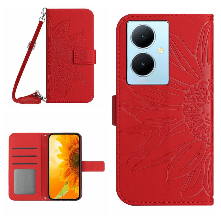 Skin Feel Custodia per telefono in pelle con flip in rilievo Sun Flower con cordino, For vivo Y200e / Y100 IDN / V30 Lite India 5G, For vivo Y78+