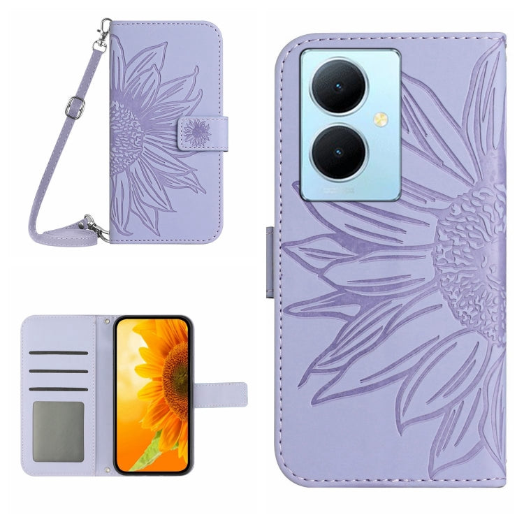Skin Feel Custodia per telefono in pelle con flip in rilievo Sun Flower con cordino, For vivo Y200e / Y100 IDN / V30 Lite India 5G, For vivo Y78+