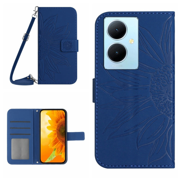 Skin Feel Custodia per telefono in pelle con flip in rilievo Sun Flower con cordino, For vivo Y200e / Y100 IDN / V30 Lite India 5G, For vivo Y78+