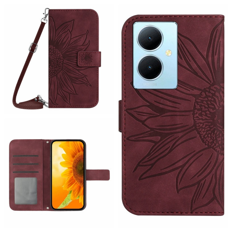 Skin Feel Custodia per telefono in pelle con flip in rilievo Sun Flower con cordino, For vivo Y200e / Y100 IDN / V30 Lite India 5G, For vivo Y78+