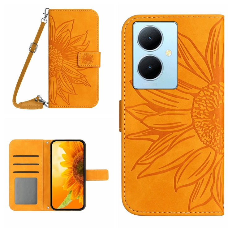 Skin Feel Custodia per telefono in pelle con flip in rilievo Sun Flower con cordino, For vivo Y200e / Y100 IDN / V30 Lite India 5G, For vivo Y78+