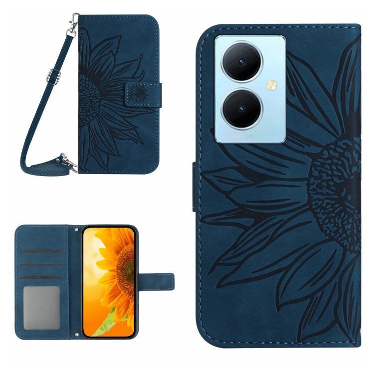 Skin Feel Custodia per telefono in pelle con flip in rilievo Sun Flower con cordino, For vivo Y200e / Y100 IDN / V30 Lite India 5G, For vivo Y78+