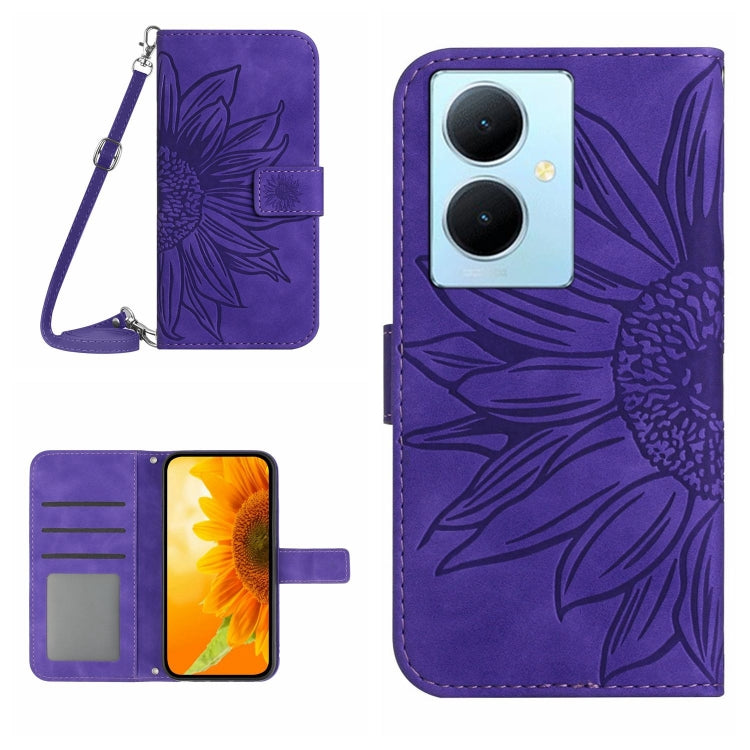 Skin Feel Custodia per telefono in pelle con flip in rilievo Sun Flower con cordino, For vivo Y200e / Y100 IDN / V30 Lite India 5G, For vivo Y78+