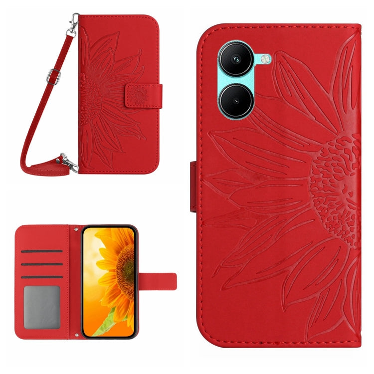 Skin Feel Custodia per telefono in pelle con flip in rilievo Sun Flower con cordino, For vivo V50 5G Global, For vivo Y03 4G