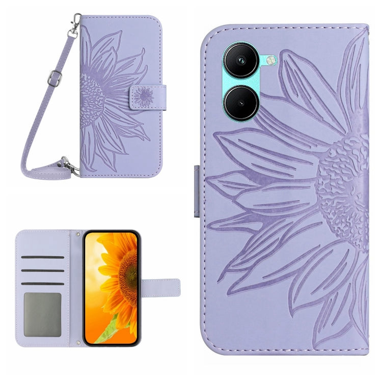 Skin Feel Custodia per telefono in pelle con flip in rilievo Sun Flower con cordino, For vivo V50 5G Global, For vivo Y03 4G