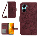 Skin Feel Custodia per telefono in pelle con flip in rilievo Sun Flower con cordino, For vivo V50 5G Global, For vivo Y03 4G