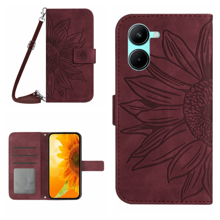 Skin Feel Custodia per telefono in pelle con flip in rilievo Sun Flower con cordino, For vivo V50 5G Global, For vivo Y03 4G
