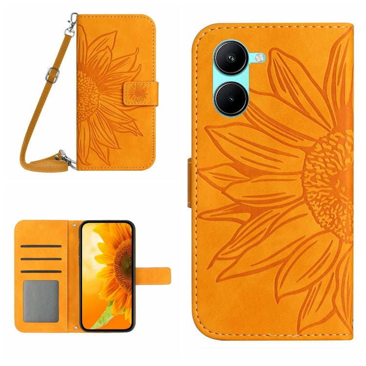 Skin Feel Custodia per telefono in pelle con flip in rilievo Sun Flower con cordino, For vivo V50 5G Global, For vivo Y03 4G