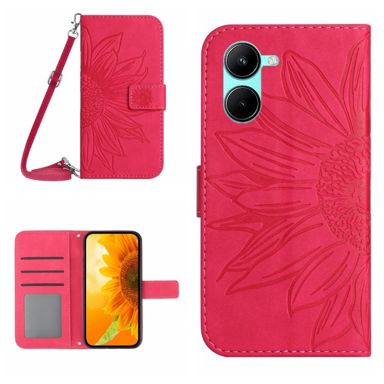Skin Feel Custodia per telefono in pelle con flip in rilievo Sun Flower con cordino, For vivo V50 5G Global, For vivo Y03 4G