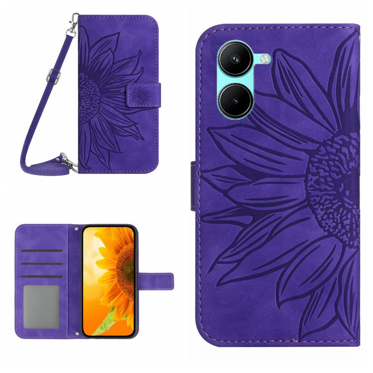 Skin Feel Custodia per telefono in pelle con flip in rilievo Sun Flower con cordino, For vivo V50 5G Global, For vivo Y03 4G