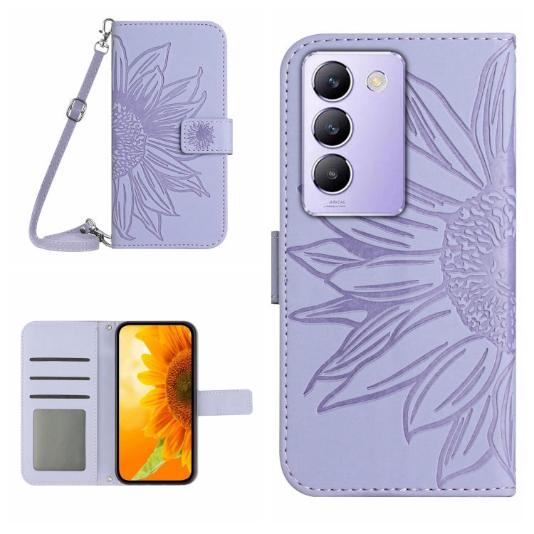 Skin Feel Custodia per telefono in pelle con flip in rilievo Sun Flower con cordino, For vivo Y200e / Y100 IDN / V30 Lite India 5G, For vivo Y78+