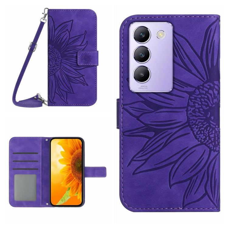 Skin Feel Custodia per telefono in pelle con flip in rilievo Sun Flower con cordino, For vivo Y200e / Y100 IDN / V30 Lite India 5G, For vivo Y78+