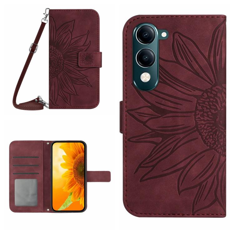 Skin Feel Custodia per telefono in pelle con flip in rilievo Sun Flower con cordino, For vivo Y04 4G / Y29s 5G, For vivo Y29 4G Global