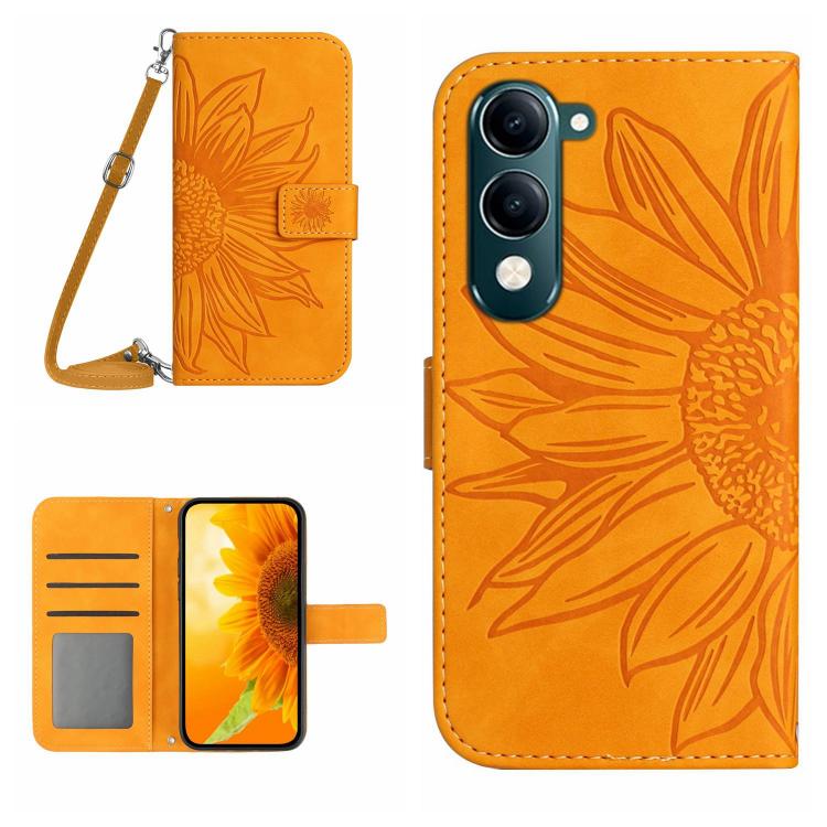 Skin Feel Custodia per telefono in pelle con flip in rilievo Sun Flower con cordino, For vivo Y04 4G / Y29s 5G, For vivo Y29 4G Global