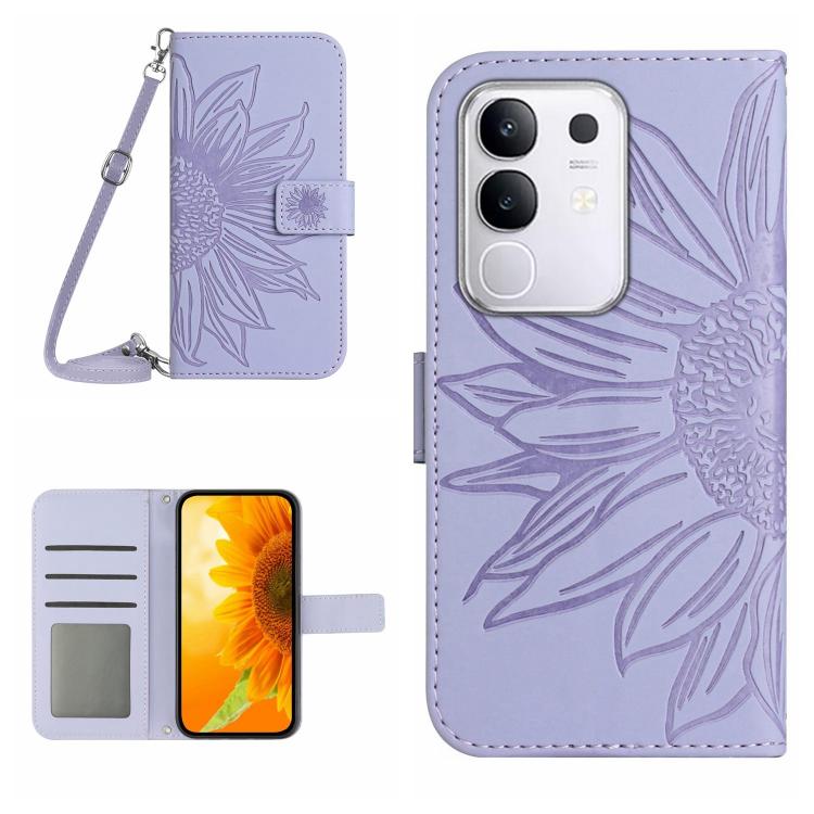 Skin Feel Custodia per telefono in pelle con flip in rilievo Sun Flower con cordino, For vivo Y04 4G / Y29s 5G, For vivo Y29 4G Global