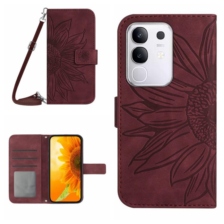 Skin Feel Custodia per telefono in pelle con flip in rilievo Sun Flower con cordino, For vivo Y04 4G / Y29s 5G, For vivo Y29 4G Global