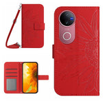 Skin Feel Custodia per telefono in pelle con flip in rilievo Sun Flower con cordino, For vivo V50 5G Global, For vivo Y03 4G