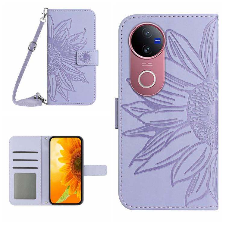 Skin Feel Custodia per telefono in pelle con flip in rilievo Sun Flower con cordino, For vivo V50 5G Global, For vivo Y03 4G