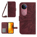 Skin Feel Custodia per telefono in pelle con flip in rilievo Sun Flower con cordino, For vivo V50 5G Global, For vivo Y03 4G