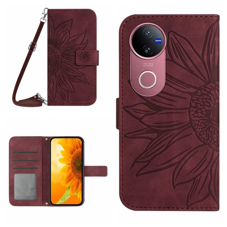 Skin Feel Custodia per telefono in pelle con flip in rilievo Sun Flower con cordino, For vivo V50 5G Global, For vivo Y03 4G