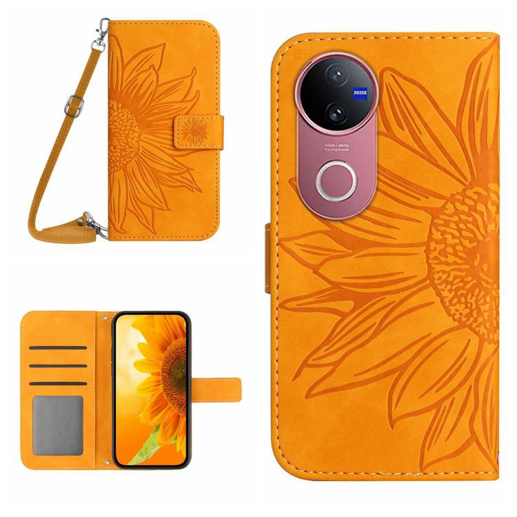 Skin Feel Custodia per telefono in pelle con flip in rilievo Sun Flower con cordino, For vivo V50 5G Global, For vivo Y03 4G