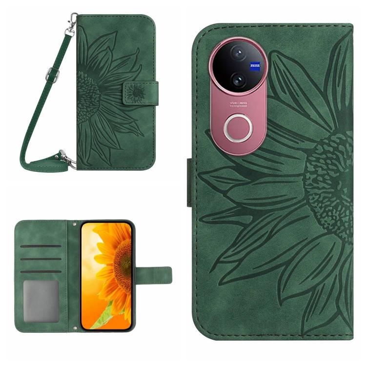 Skin Feel Custodia per telefono in pelle con flip in rilievo Sun Flower con cordino, For vivo V50 5G Global, For vivo Y03 4G