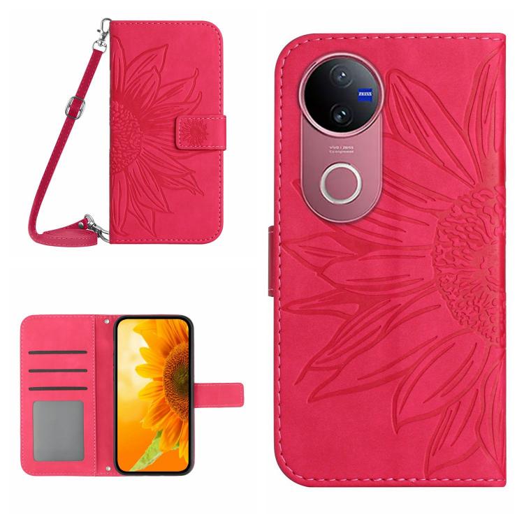 Skin Feel Custodia per telefono in pelle con flip in rilievo Sun Flower con cordino, For vivo V50 5G Global, For vivo Y03 4G