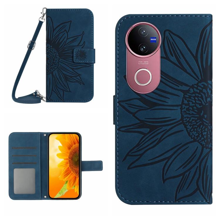 Skin Feel Custodia per telefono in pelle con flip in rilievo Sun Flower con cordino, For vivo V50 5G Global, For vivo Y03 4G