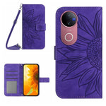 Skin Feel Custodia per telefono in pelle con flip in rilievo Sun Flower con cordino, For vivo V50 5G Global, For vivo Y03 4G