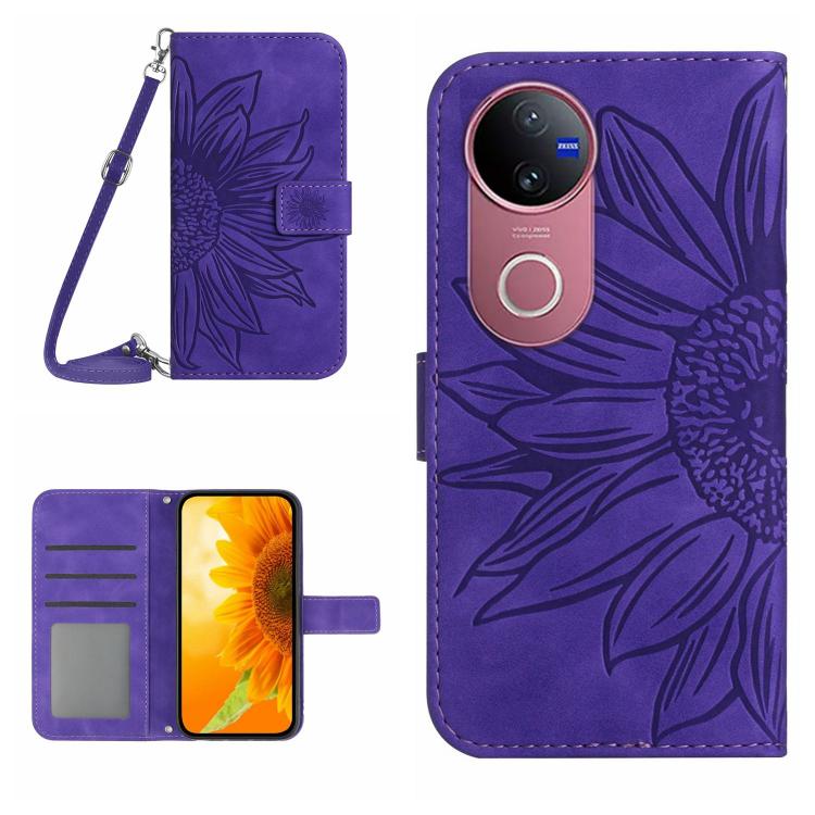 Skin Feel Custodia per telefono in pelle con flip in rilievo Sun Flower con cordino, For vivo V50 5G Global, For vivo Y03 4G