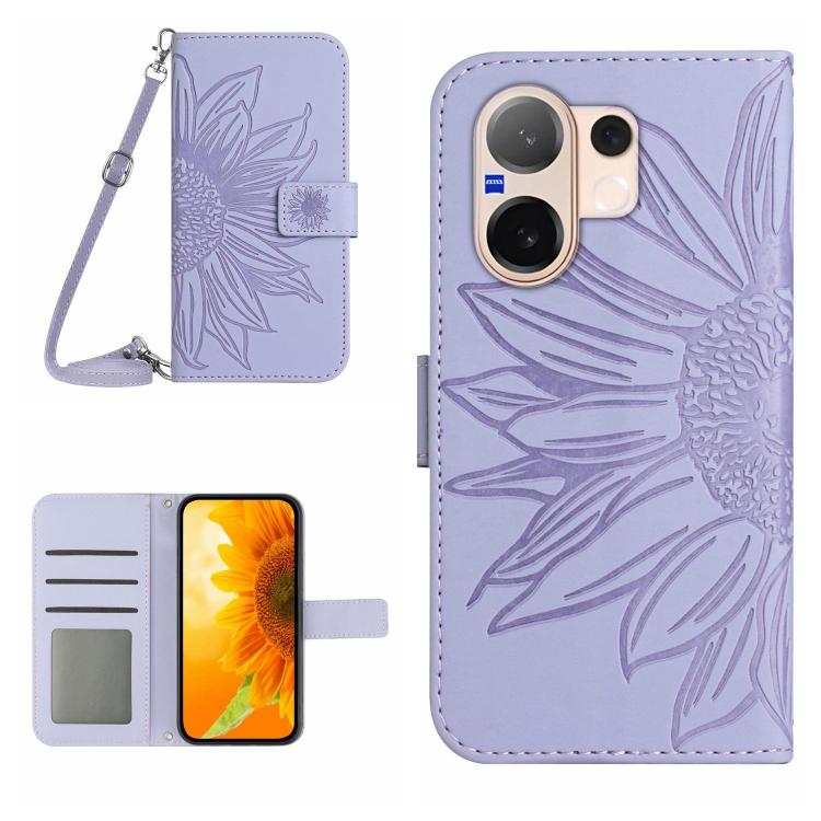 Skin Feel Custodia per telefono in pelle con flip in rilievo Sun Flower con cordino, For vivo V60 Lite 5G, For vivo V60 5G