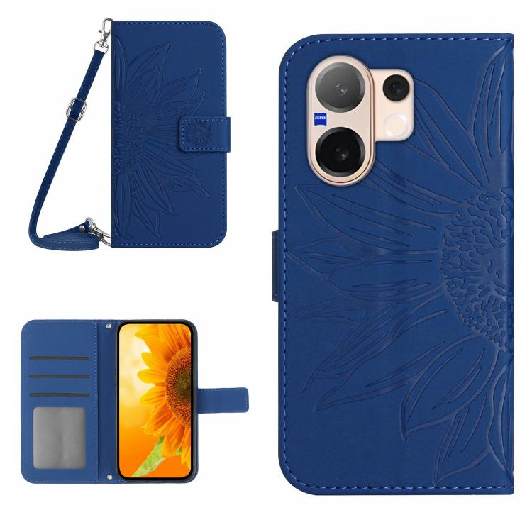 Skin Feel Custodia per telefono in pelle con flip in rilievo Sun Flower con cordino, For vivo V60 Lite 5G, For vivo V60 5G