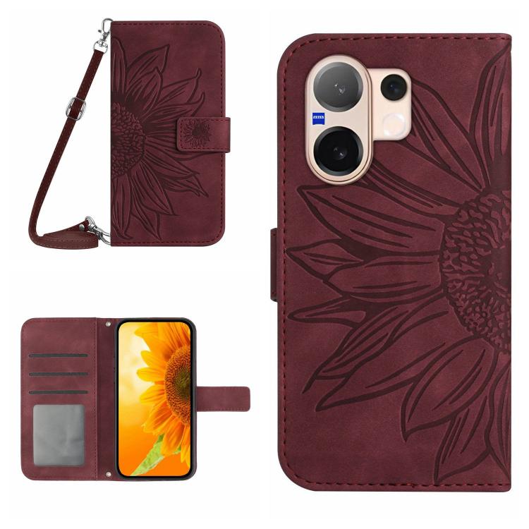 Skin Feel Custodia per telefono in pelle con flip in rilievo Sun Flower con cordino, For vivo V60 Lite 5G, For vivo V60 5G