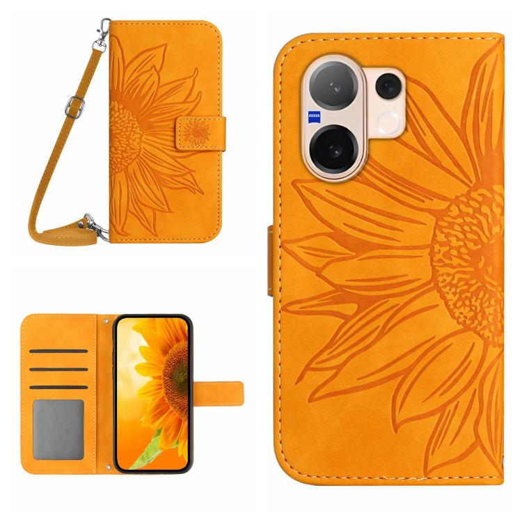 Skin Feel Custodia per telefono in pelle con flip in rilievo Sun Flower con cordino, For vivo V60 Lite 5G, For vivo V60 5G