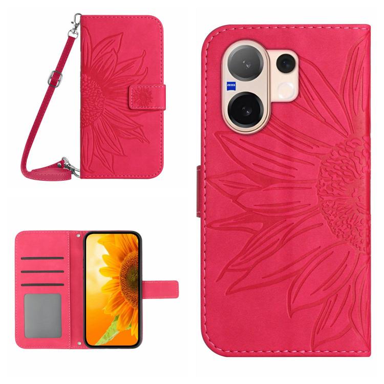 Skin Feel Custodia per telefono in pelle con flip in rilievo Sun Flower con cordino, For vivo V60 Lite 5G, For vivo V60 5G