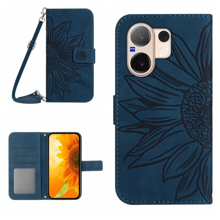 Skin Feel Custodia per telefono in pelle con flip in rilievo Sun Flower con cordino, For vivo V60 Lite 5G, For vivo V60 5G