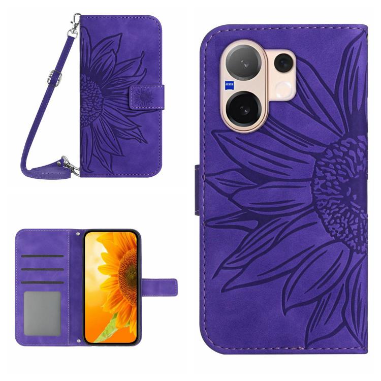 Skin Feel Custodia per telefono in pelle con flip in rilievo Sun Flower con cordino, For vivo V60 Lite 5G, For vivo V60 5G