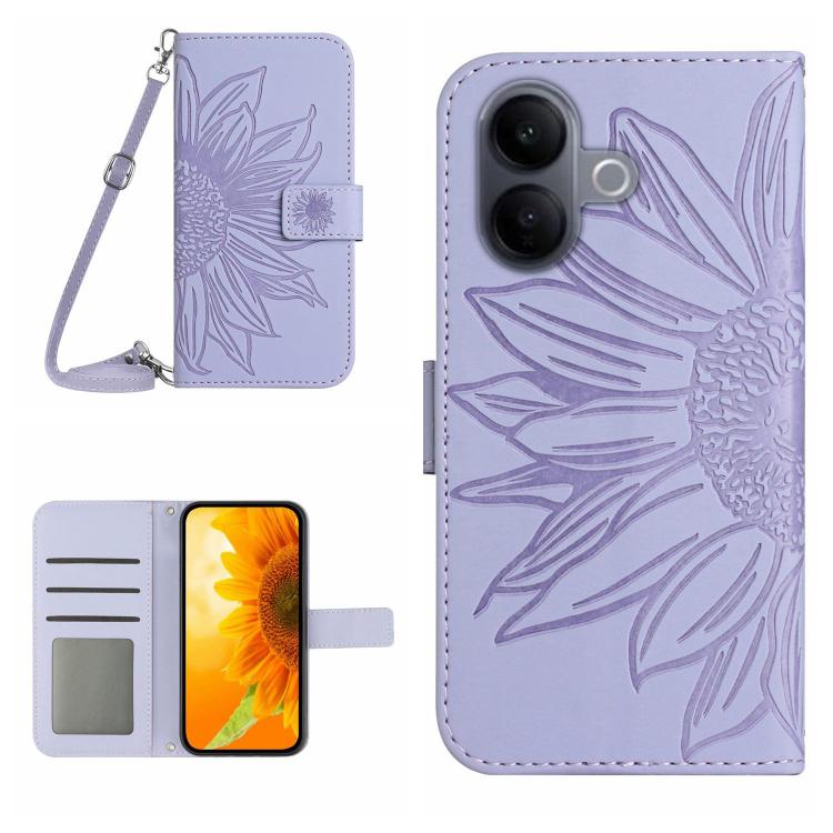 Skin Feel Custodia per telefono in pelle con flip in rilievo Sun Flower con cordino, For vivo V60 Lite 5G, For vivo V60 5G